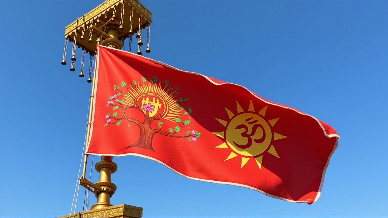 अयोध्या राम मंदिर पर धर्मध्वज फहराया: सूर्य, ओम और कोविदार पेड़ का गहरा प्रतीकात्मक अर्थ