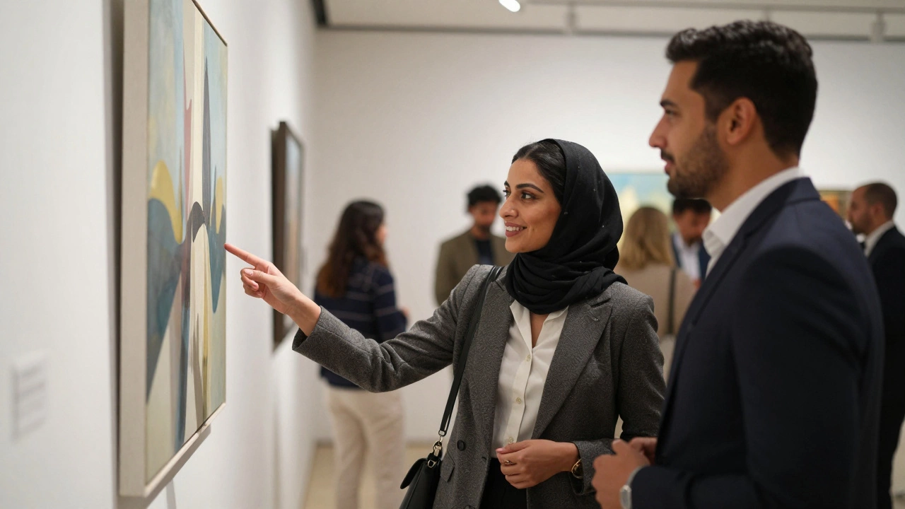 A woman and man at an art gallery opening, engaging in polite, cultured conversation.