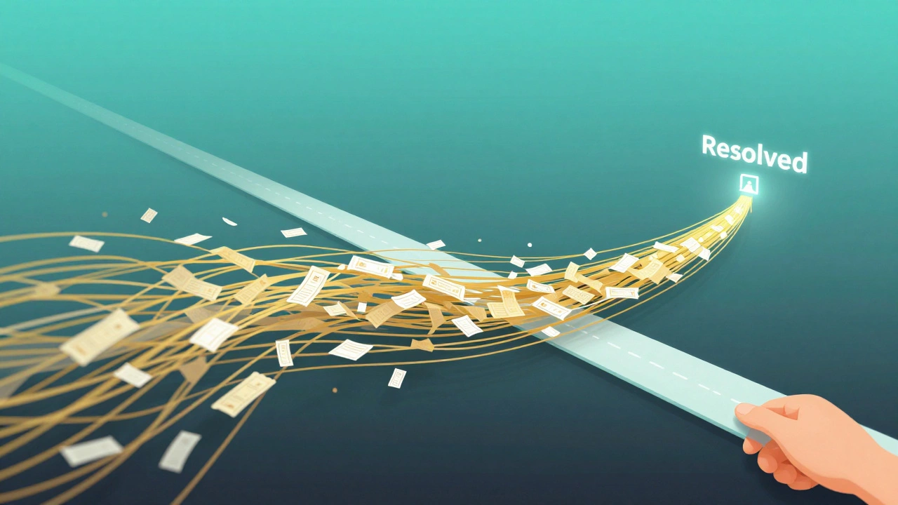 Chaotic tickets transforming into smooth digital pathways toward resolution.