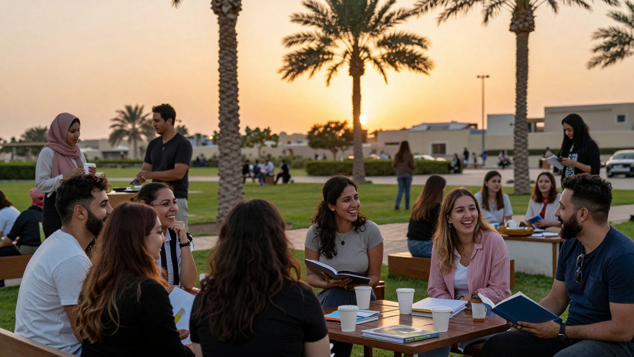 Diverse expats socializing in a Dubai park at sunset, sharing food and laughter.