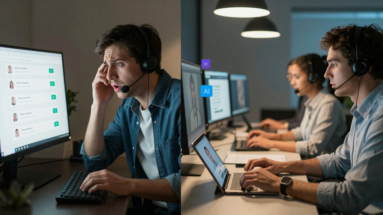 Frustrated user beside a team of support agents working together with AI assistance.